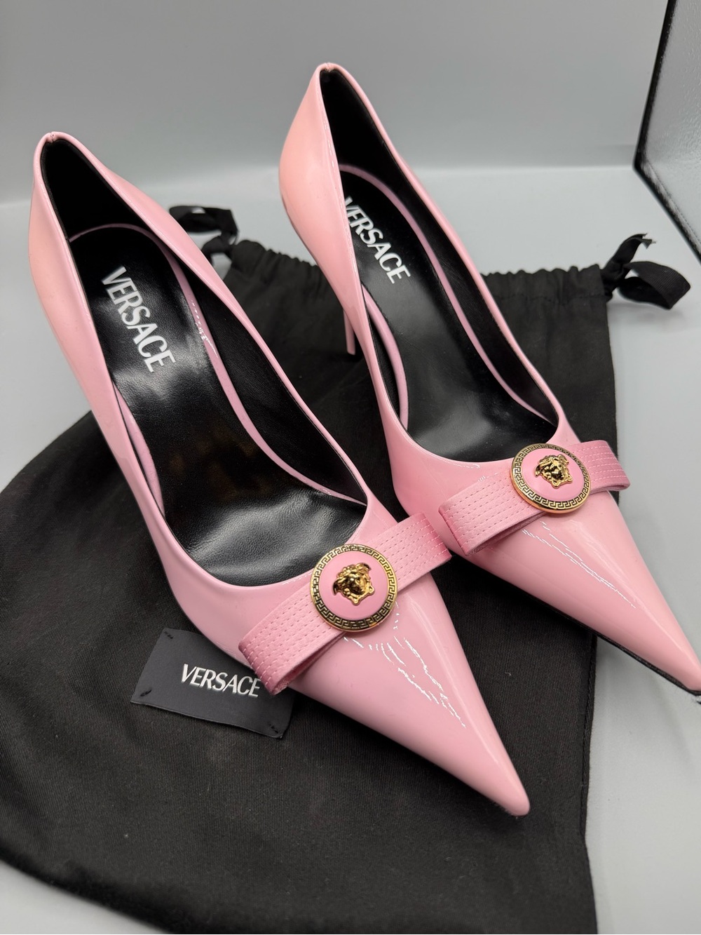 Versace Pink Patent Pointed-Toe Stiletto Pumps with Gold Medusa